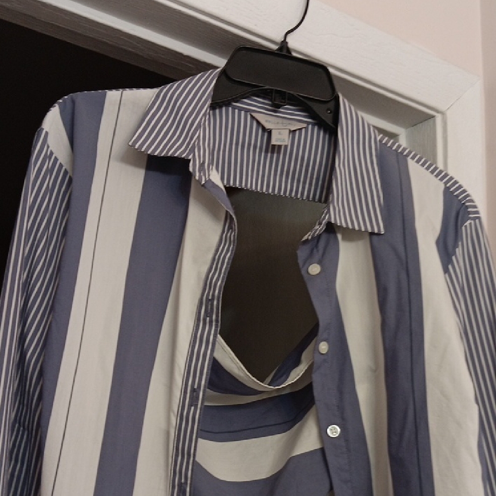 Belle Sky Open Back, Blue and White Striped Button-Down Shirt